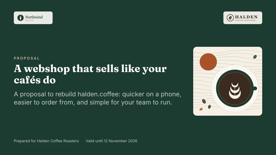 The cover slide of the demo proposal from Northwind Studio to Halden Coffee Roasters: “A webshop that sells like your cafés do”.