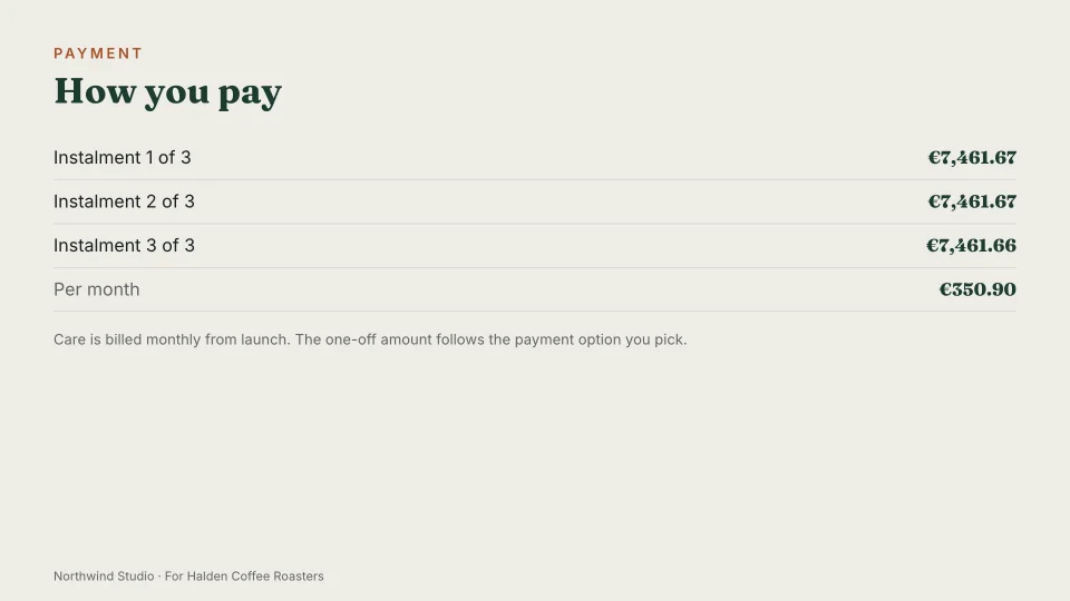 The payment schedule slide: three monthly instalments for the one-off amount, and the monthly care plan.