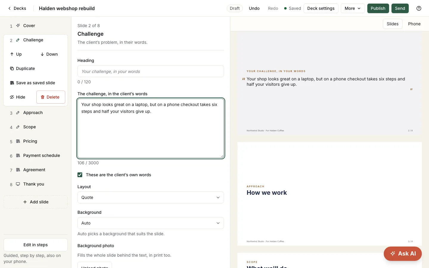 The editor with the challenge slide selected, its form, and the live preview