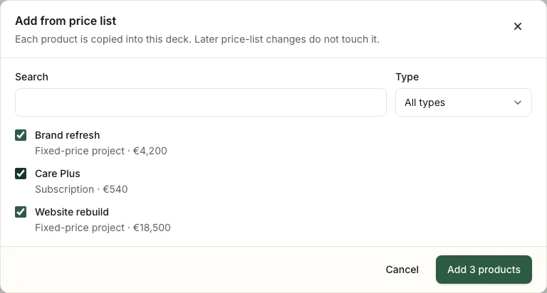 The price list picker with three products ticked