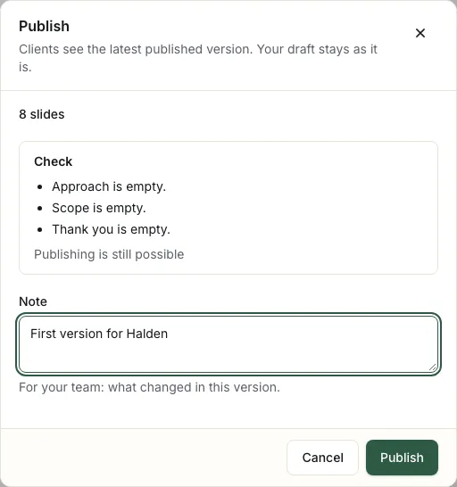 The Publish dialog with a note