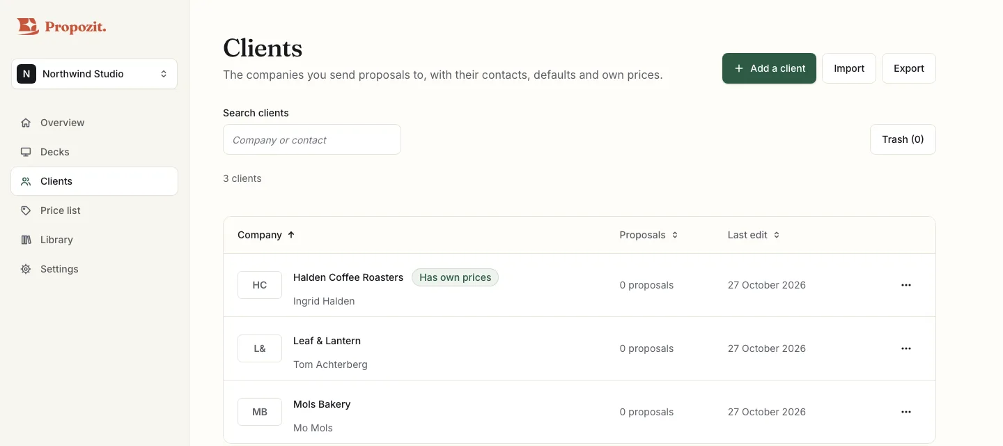 The client list with a search box and a client that has its own prices