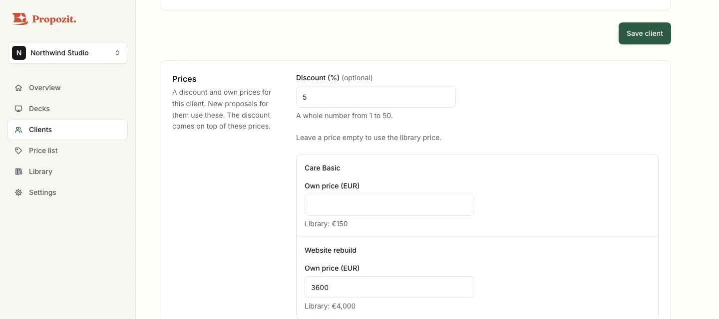 The Prices part of a client's page with a 5% discount and an own price beside the price list's amount