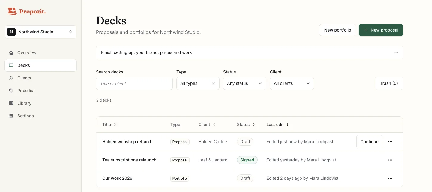 The Decks list with three decks, the search box, the Type, Status and Client filters and a Type column