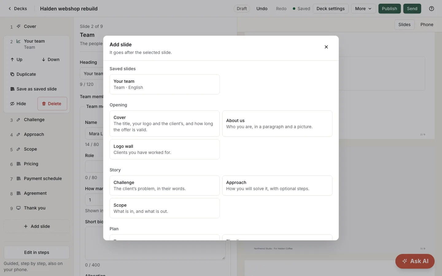 The Add slide dialog with a saved team slide at the top