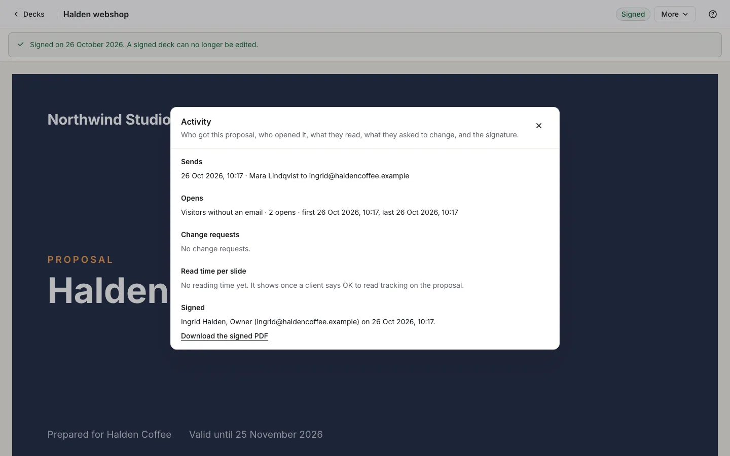 The Activity panel with an open, read time per slide and the signature