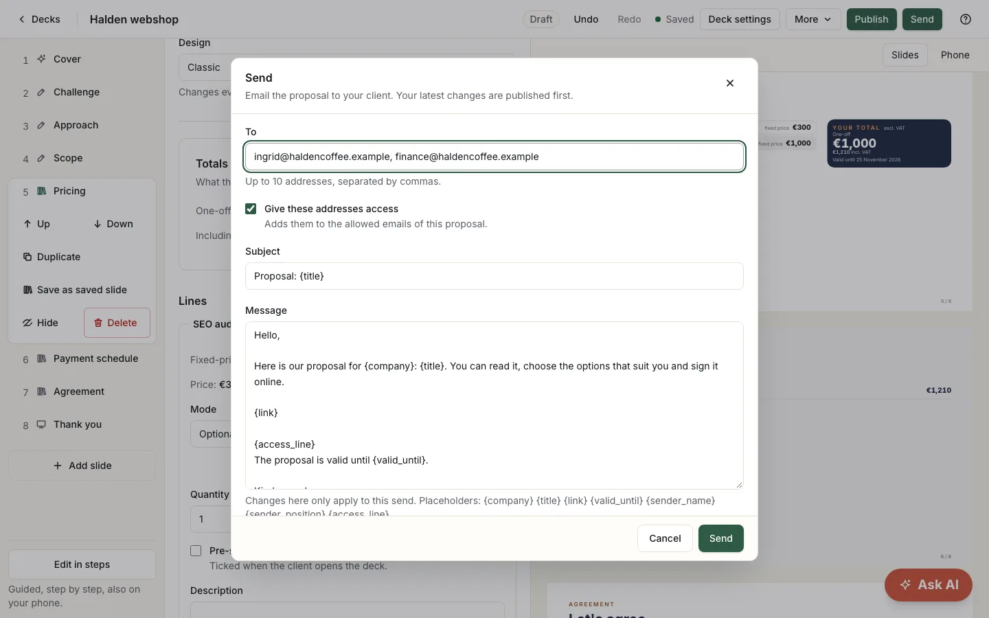 The Send dialog with two addresses and the message