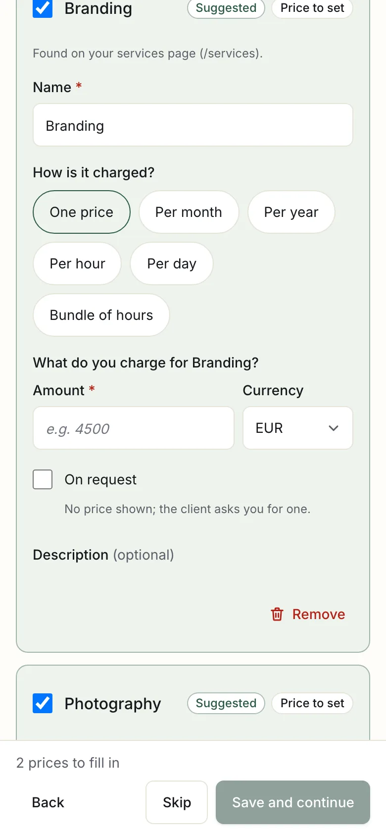 What you sell, with a price question