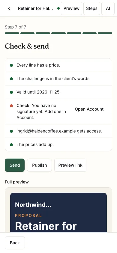 Check & send on a phone: the checklist and the preview