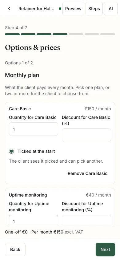 Options & prices on a phone: the monthly plan with two products and the running total