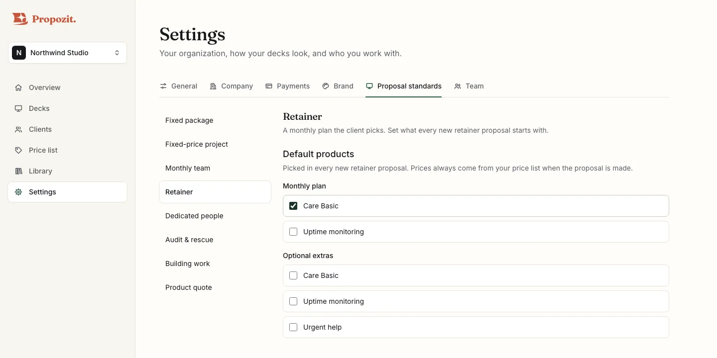 Proposal standards for the retainer, with a default monthly plan