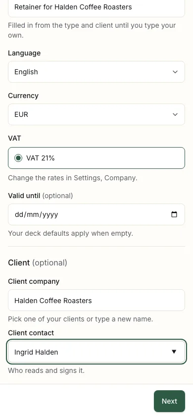 Step 1 on a phone: the title, language, currency and VAT, then the client and the contact